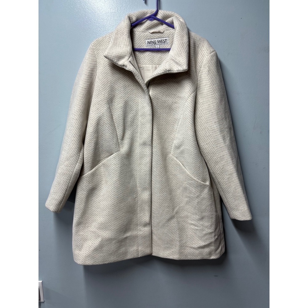 Nine West Womens XL Cream Herringbone Zipper Car Coat Mid Length Jacket Lined